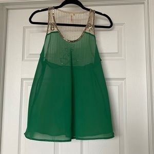 Gorgeous sleeveless blouse, green with gold beading. Size Medium.